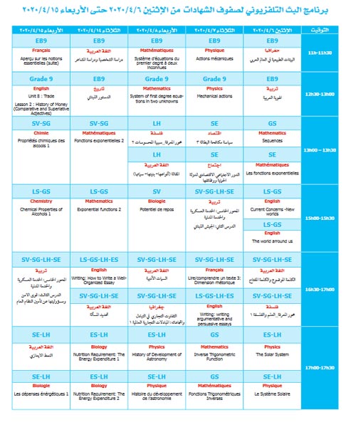 برنامج البث التلفزيوني لصفوف الشهادات الثانوية من 6 إلى 15 نيسان