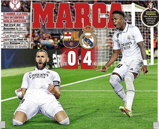 ريال مدريد يكتسح برشلونة وينتقل لمواجهة أوساسونا في نهائي كأس الملك .